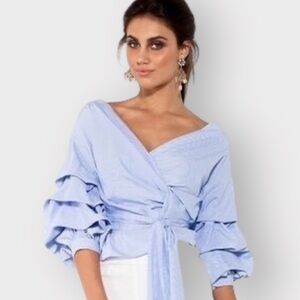 WINDSOR Blue Ruffled Sleeves Off Shoulder Wrap Tie Top (Sz S)
